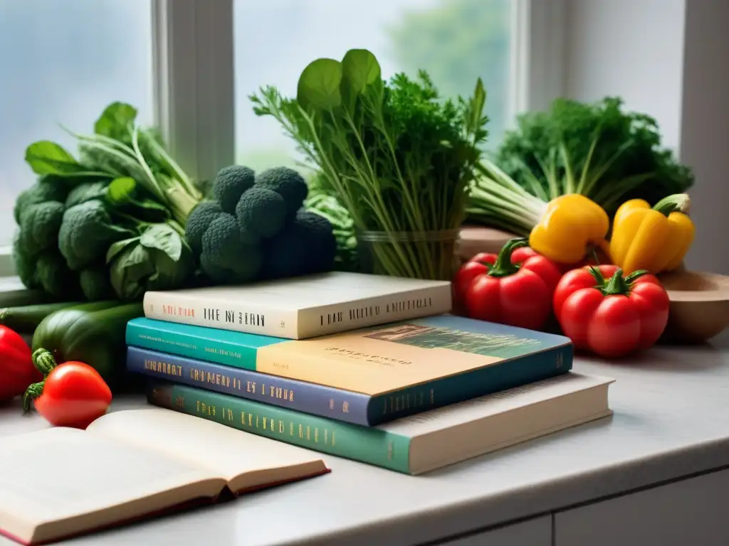 Una encantadora cocina llena de vegetales coloridos, hierbas frescas y libros de cocina vegana con elementos de mindfulness