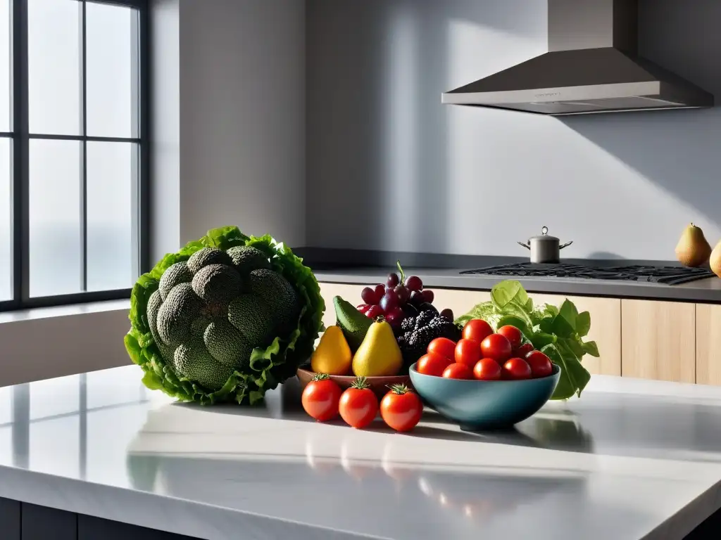 Encantadora cocina minimalista con frutas y verduras frescas en un diseño geométrico