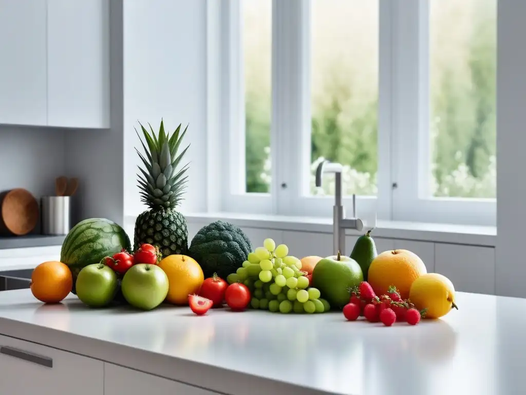 Encantadora cocina minimalista con vajilla blanca, frutas y verduras frescas, reflejando el estilo de vida vegano minimalista