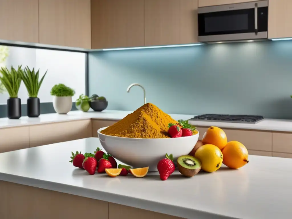 Encantadora cocina moderna con frutas, verduras y maca en polvo