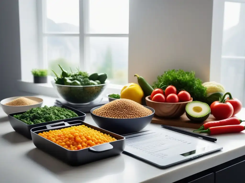 Una encantadora cocina organizada con vegetales, frutas y granos coloridos, junto a una tablet con un plan semanal de almuerzos veganos