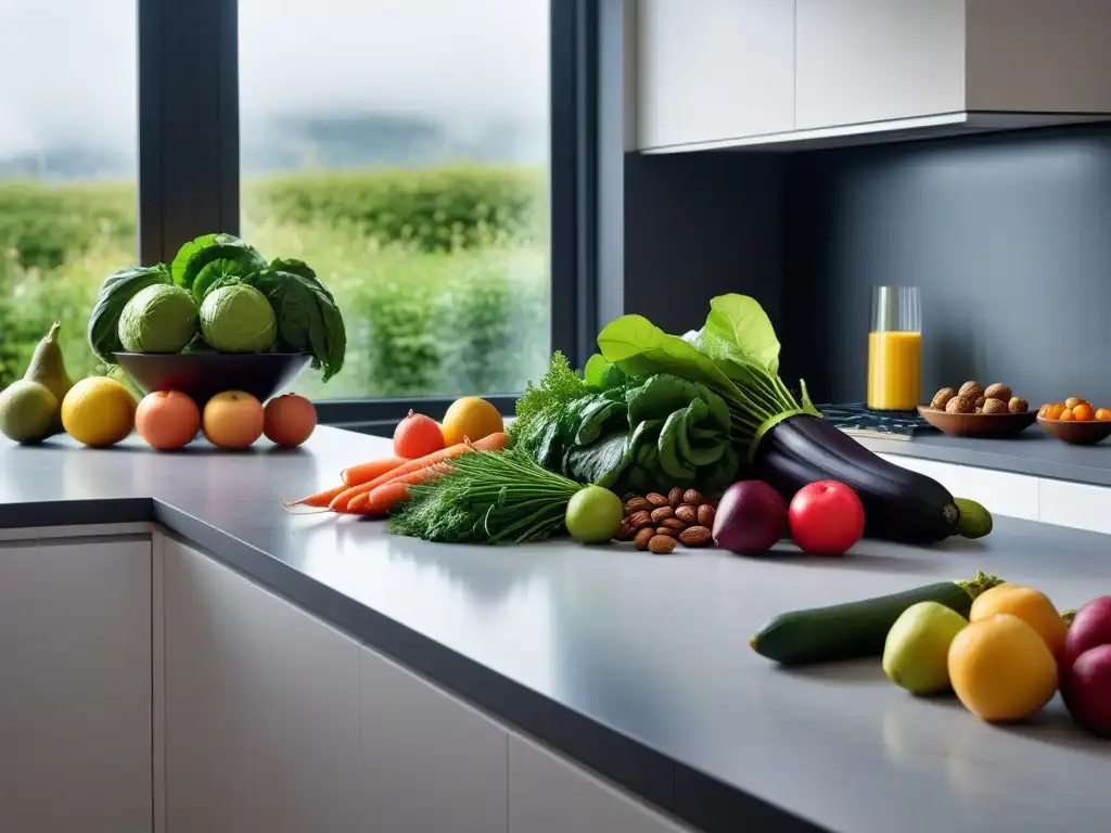 Encantadora cocina con suplemento vegano magnesio sueño energía en frutas y verduras frescas