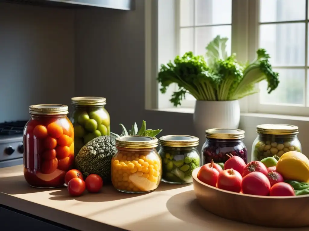 Una encantadora cocina vegana cruda llena de frutas y verduras frescas en envases de vidrio, resaltando la conservación de alimentos