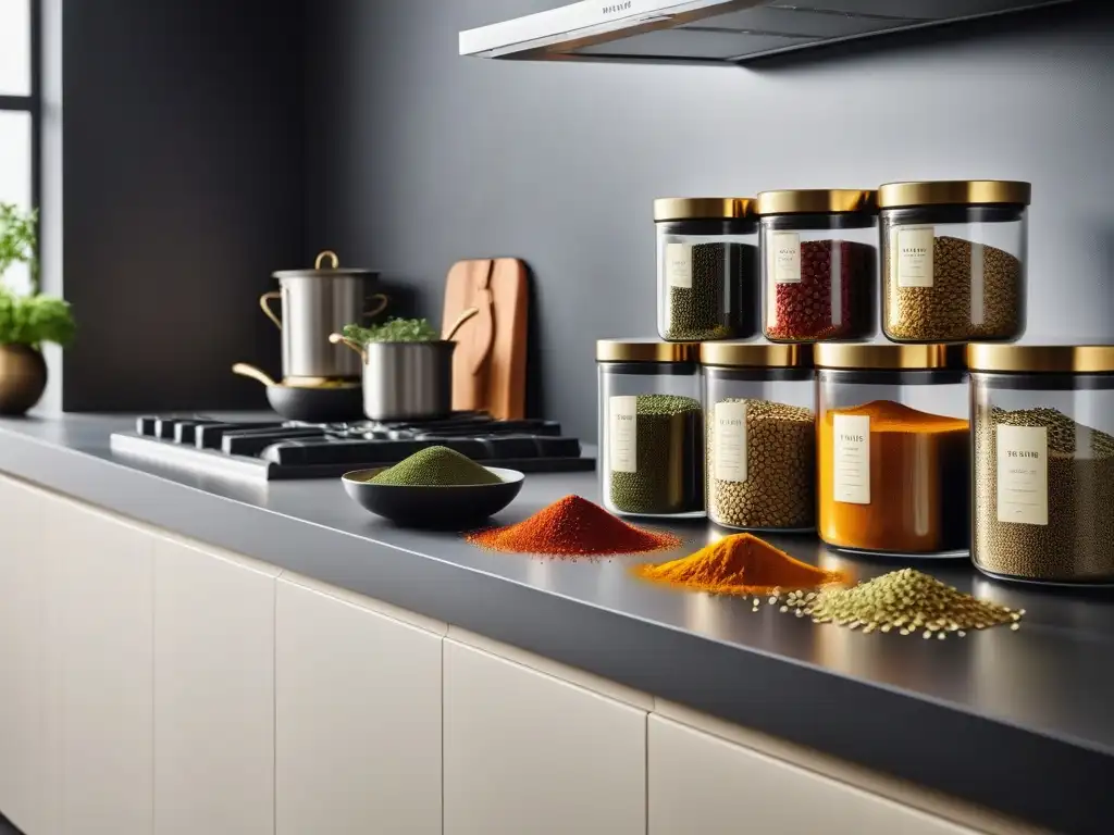 Una encantadora organización de cocina vegana con especias y hierbas en exquisitos envases, en un elegante mostrador de cocina moderna y minimalista