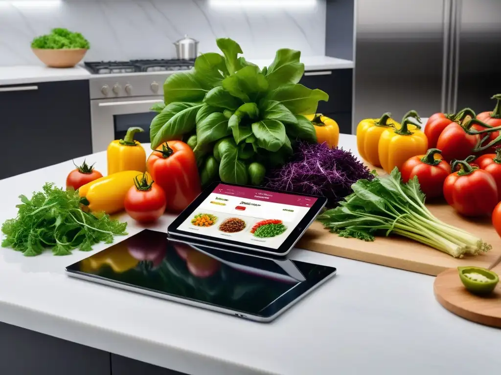 Una encantadora imagen de una encimera de cocina moderna con verduras frescas y una app de recetas veganas