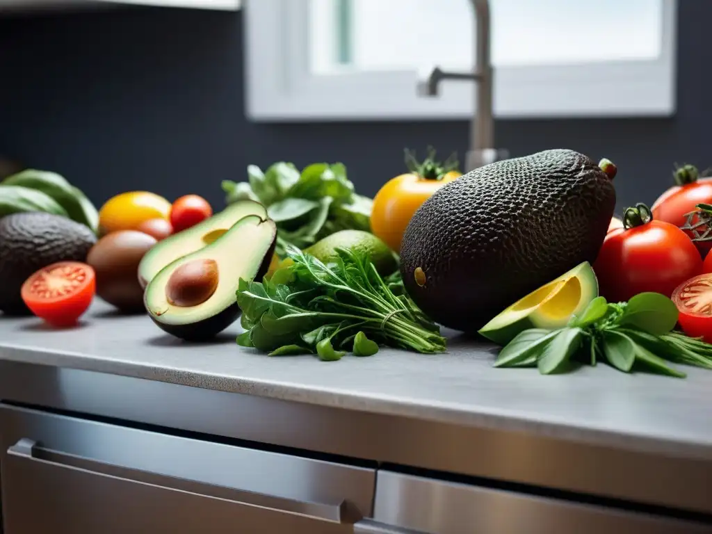 Una encantadora vista de cerca de una cocina moderna con productos frescos y coloridos, ideal para el Desafío Vegano Reducir Residuos