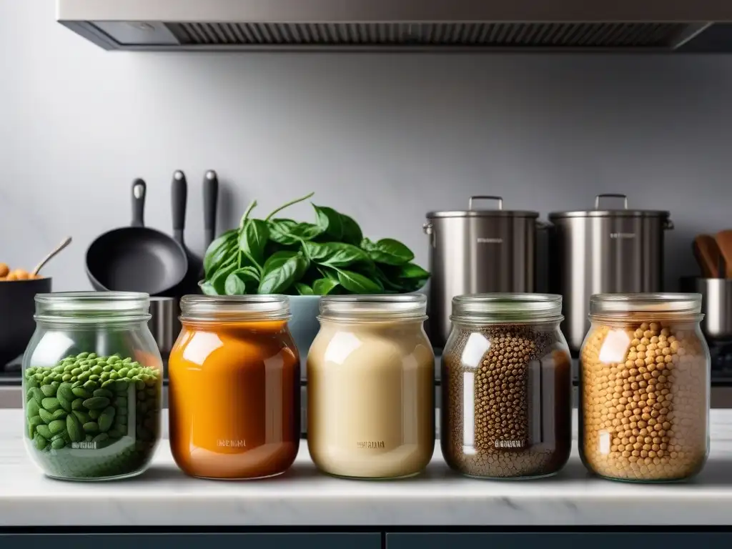 Una encantadora vista de una cocina moderna con alimentos veganos coloridos, resaltando la importancia de la creatina en el rendimiento deportivo