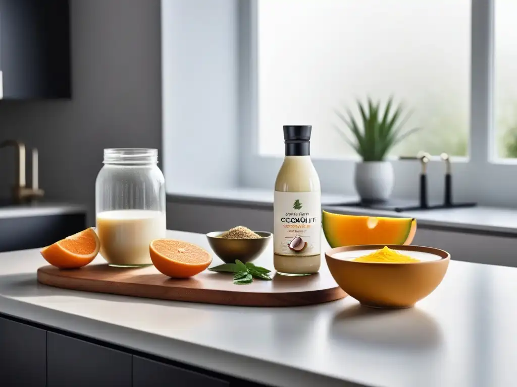 Una encantadora vista de ingredientes veganos sobre una elegante encimera de cocina, ideal para postres con leche condensada