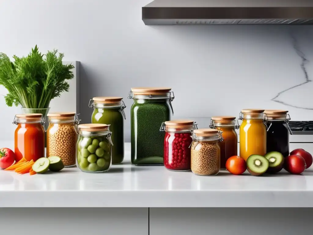 Una encimera de cocina moderna muestra envases veganos sostenibles junto a frutas y verduras frescas