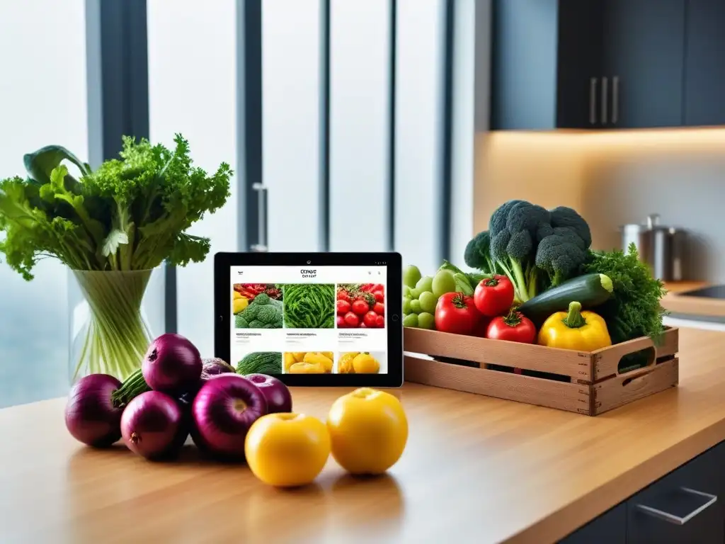 Encimera de cocina moderna con frutas y verduras frescas en cajones de madera, junto a una tablet mostrando un video tutorial de cocina vegana