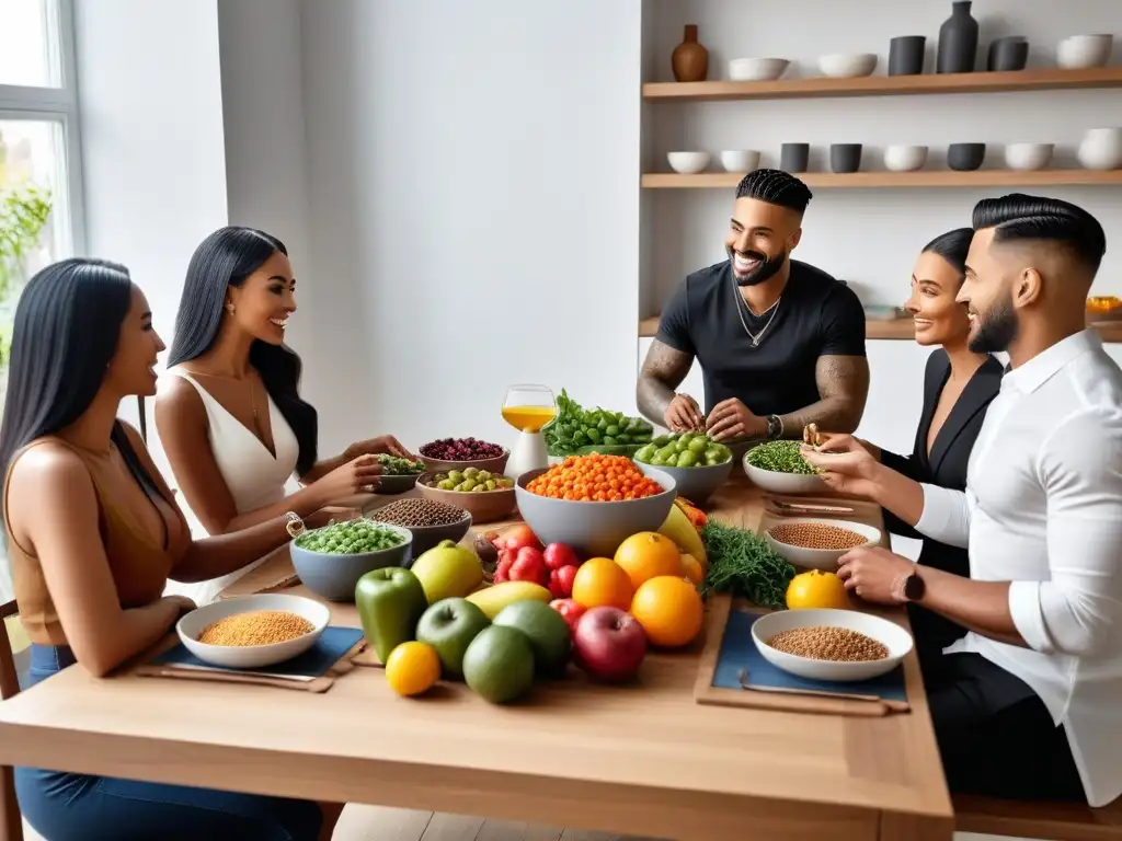 Un encuentro animado alrededor de una mesa con comida vegana variada