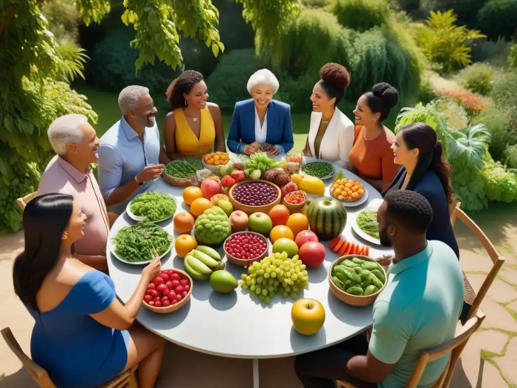 Un encuentro comunitario en un jardín con frutas y verduras frescas