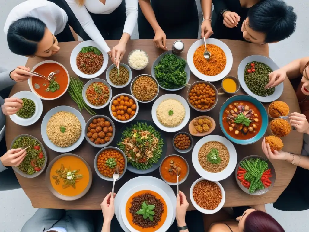 Un encuentro diverso de personas con alergias disfrutando de una comida vegana