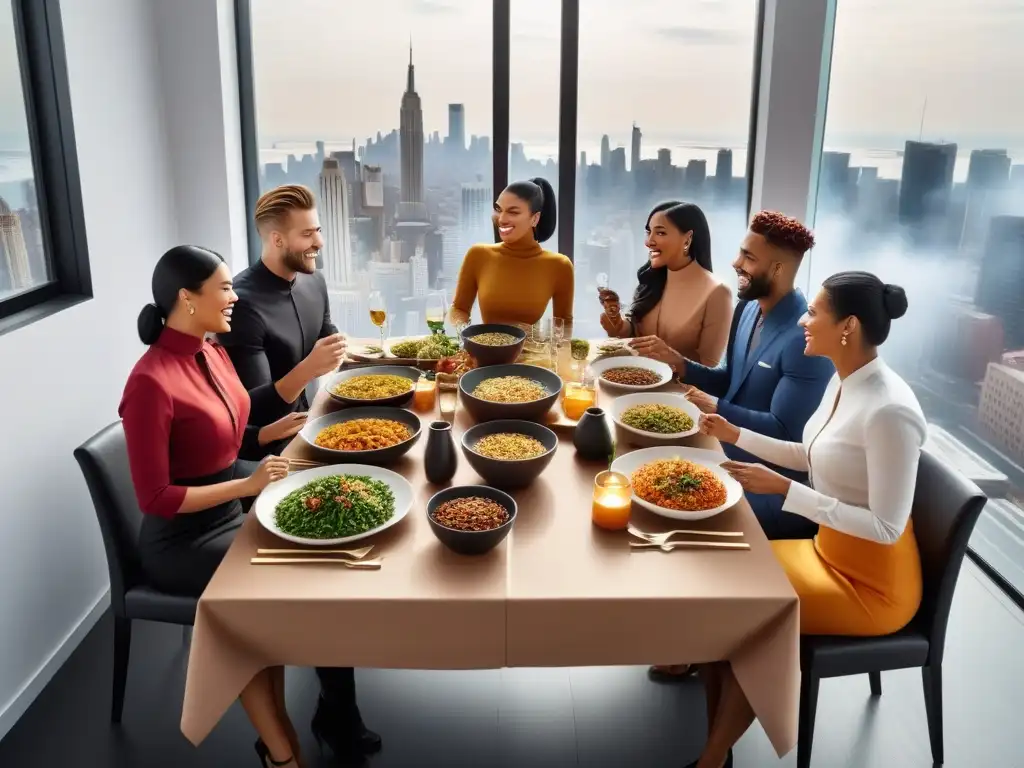 Un encuentro multicultural alrededor de una mesa con platos veganos, en una cocina moderna y luminosa