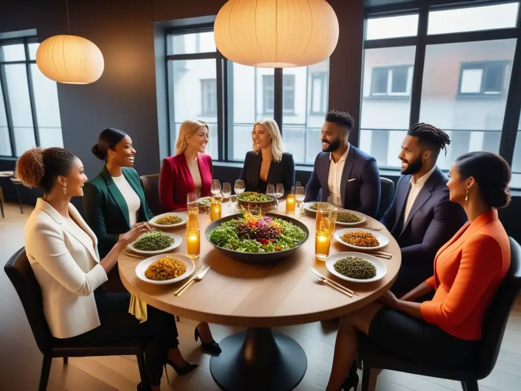 Un encuentro rebosante de vitalidad y diversidad en una comida vegana, en un restaurante urbano de atmósfera moderna y chic