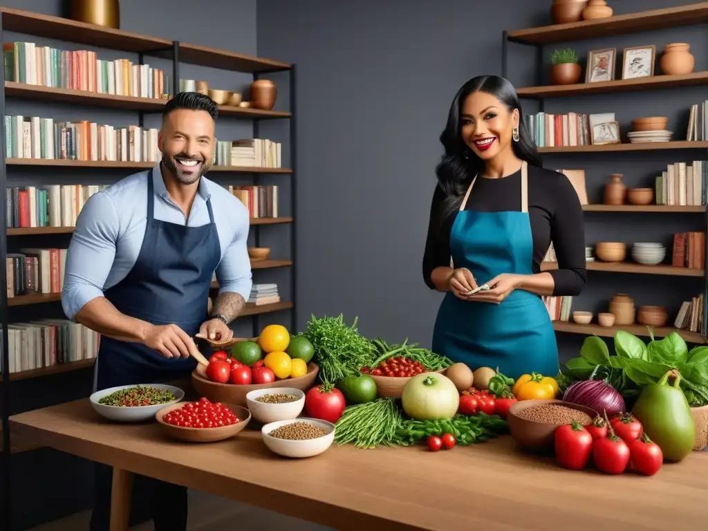 Un encuentro vibrante de autores independientes de guías de cocina vegana, compartiendo platos coloridos en una cocina moderna