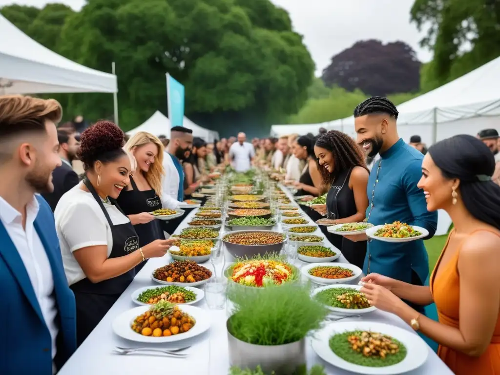 Un encuentro vibrante en un evento vegano sustentable, donde el arte culinario y la comunidad se fusionan en armonía