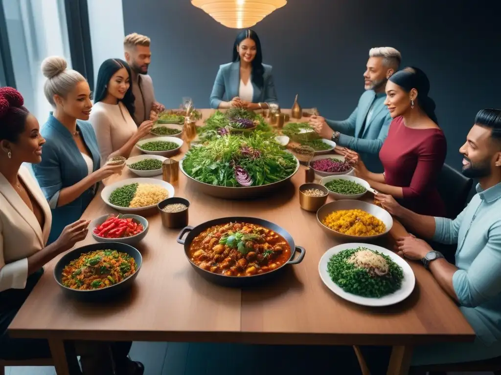 Un encuentro vibrante y moderno de diversidad y sostenibilidad alrededor de una mesa repleta de platillos veganos