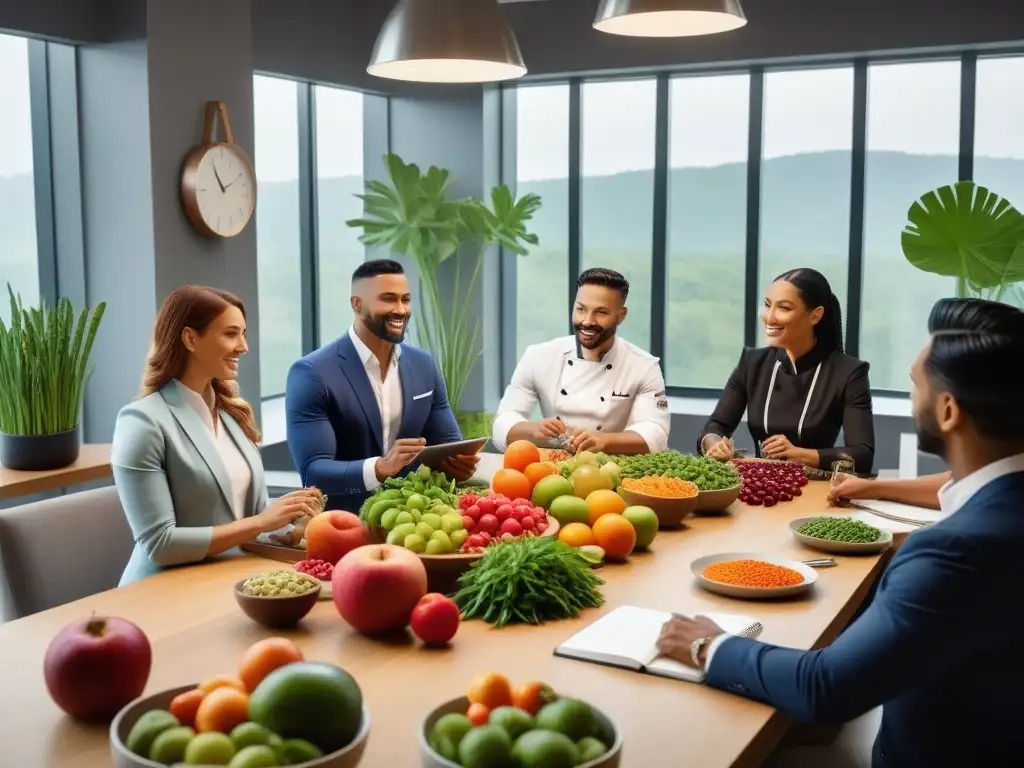 Un encuentro vibrante de nutricionistas y chefs en un moderno ambiente de cocina, con ingredientes veganos