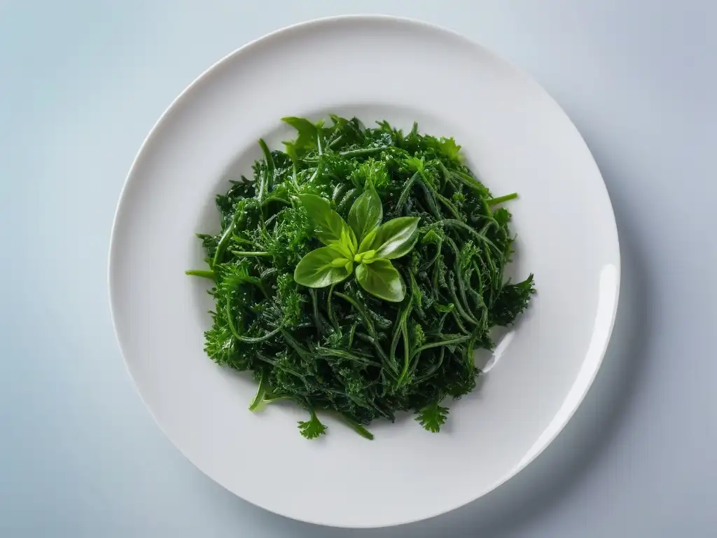 Ensalada de algas marinas verdes vibrantes en plato blanco, resaltando frescura y beneficios para dieta vegana