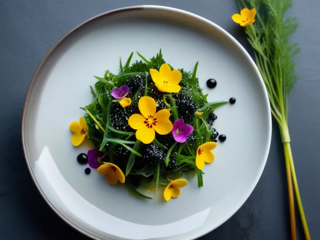 Ensalada de algas vibrante con flores comestibles, en plato blanco minimalista sobre fondo oscuro