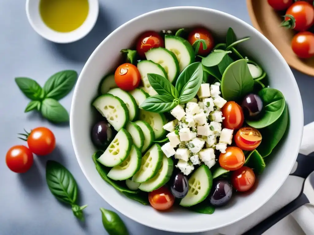 Ensalada colorida con queso feta vegano casero, fresca y deliciosa, lista para disfrutar