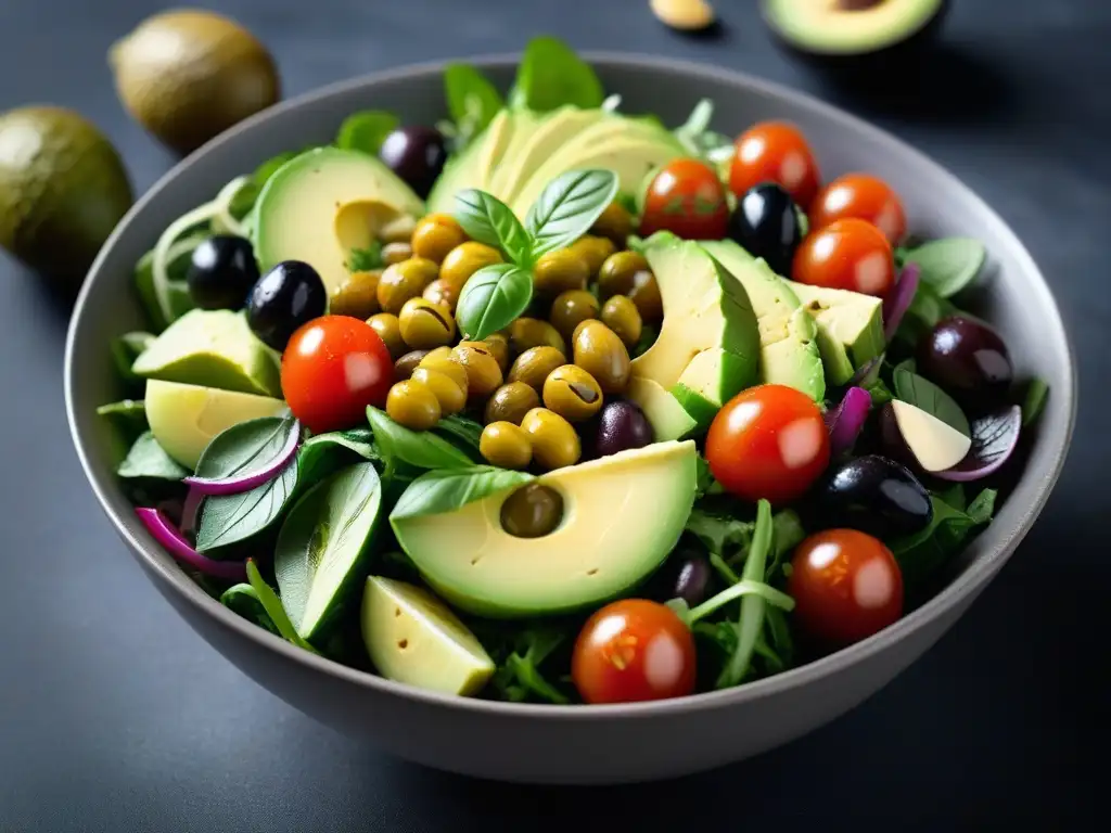 Una ensalada mediterránea vegana deliciosa con tomates, pepinos, aceitunas, aguacate y aderezo vinaigrette, decorada con hierbas frescas