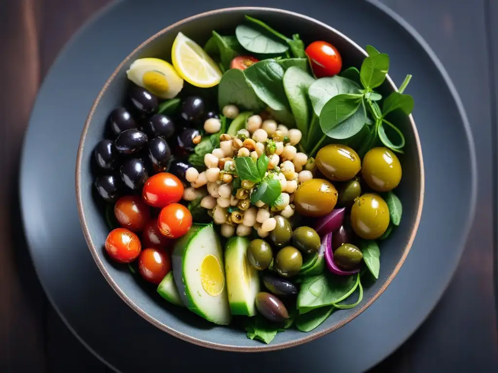 Una ensalada mediterránea vegana deliciosa en un tazón moderno, repleta de ingredientes frescos y coloridos