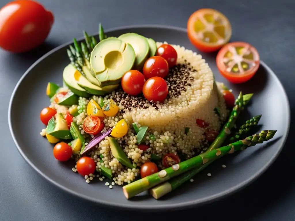 Ensalada de quinua arcoíris con aguacate, tomates cherry y espárragos, aliñada con vinaigreta cítrica