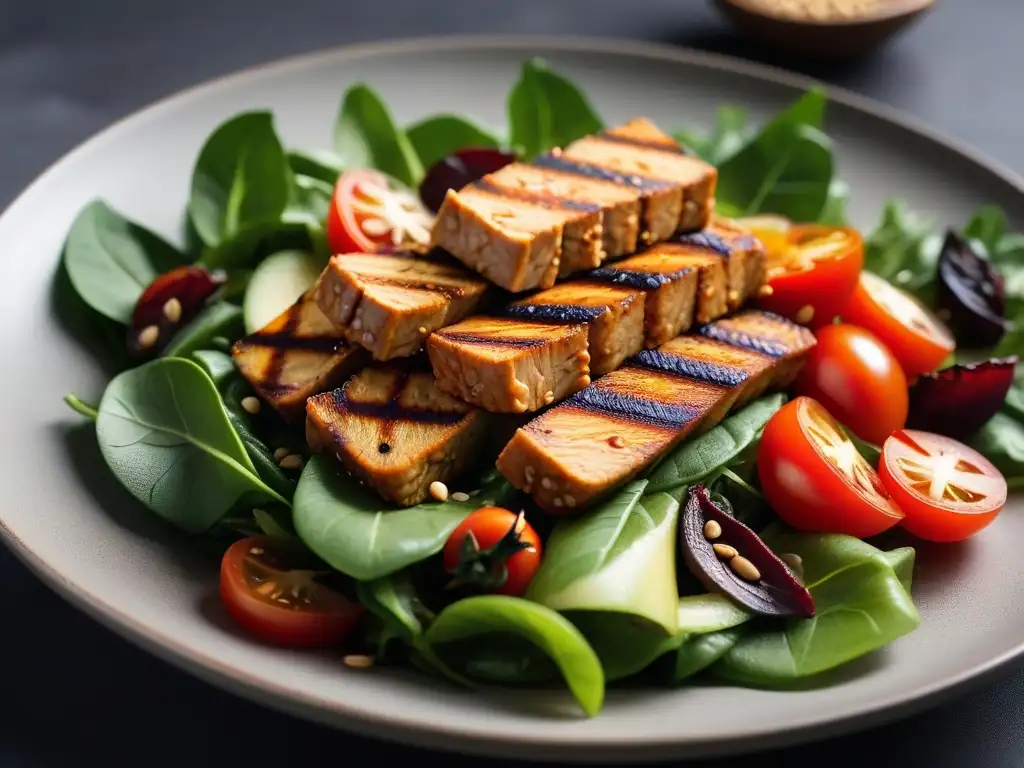 Una ensalada de tempeh fresca y colorida, resaltando los beneficios y recetas del tempeh