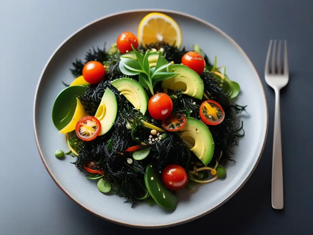 Una ensalada vegana de algas vibrante y detallada con nori, wakame y kombu, verduras frescas, aderezo cítrico y semillas de sésamo