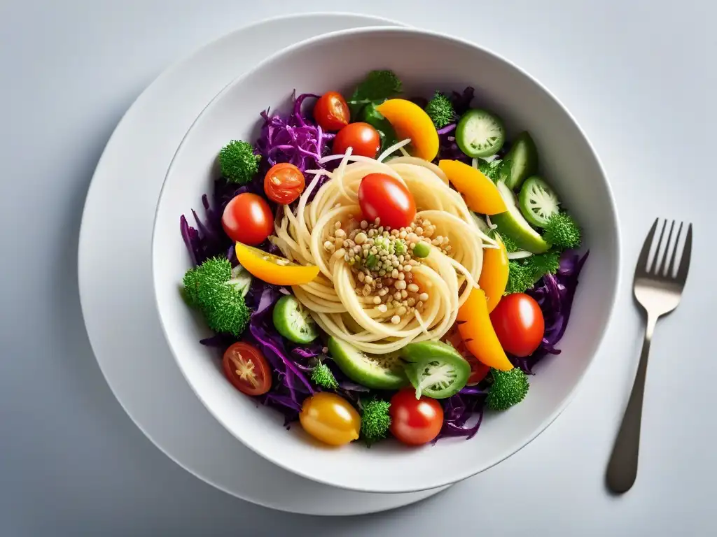 Una ensalada vegana arcoíris con aderezos sin aceite, llena de color y frescura en un bol blanco elegante