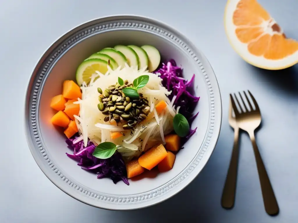 Ensalada vegana de chucrut y vegetales frescos en bol moderno Una ensalada vegana con sauerkraut Europa en un bol moderno, colores vibrantes y frescura