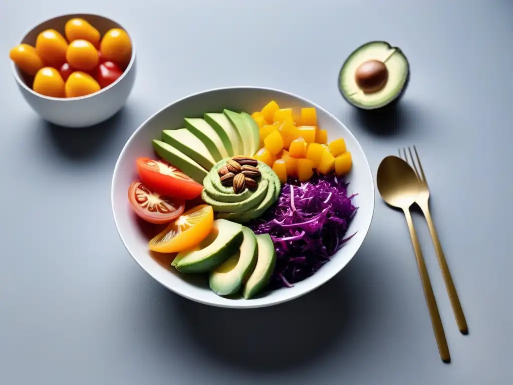 Ensalada vegana colorida con tomates, lechuga, zanahorias, pimientos y aderezo de aguacate, sobre mesa blanca