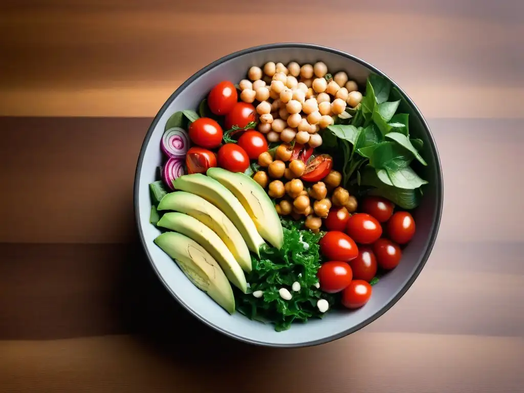 Una ensalada vegana creativa y colorida, con ingredientes frescos y vibrantes sobre una mesa de madera