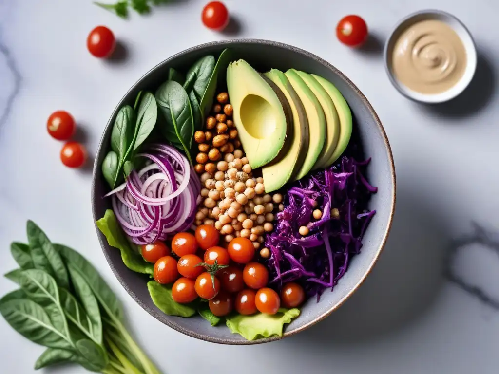 Una ensalada vegana creativa y colorida con ingredientes frescos y vibrantes, en un elegante tazón sobre una encimera de mármol