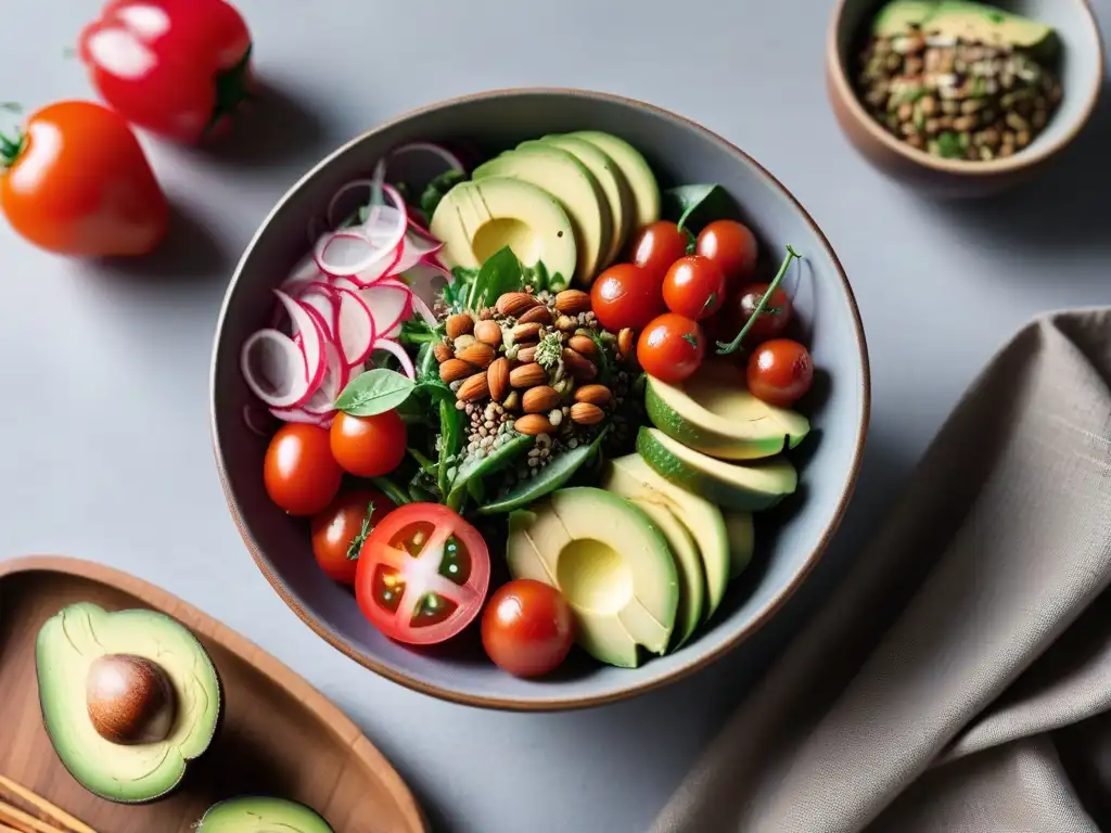 Una ensalada vegana creativa y colorida en un bol sobre una mesa de madera moderna iluminada por luz natural