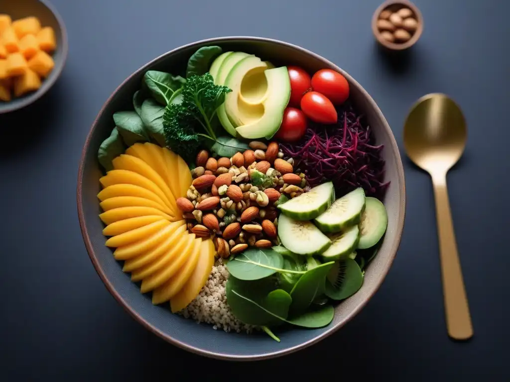 Una ensalada vegana creativa y colorida que despierta frescura y salud en una cocina moderna