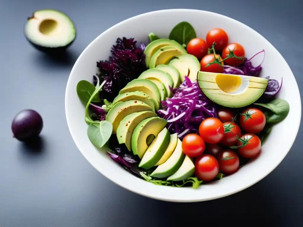 Una ensalada vegana europea llena de color y frescura, con tomates cherry, aguacate, repollo morado, rábanos y aderezo