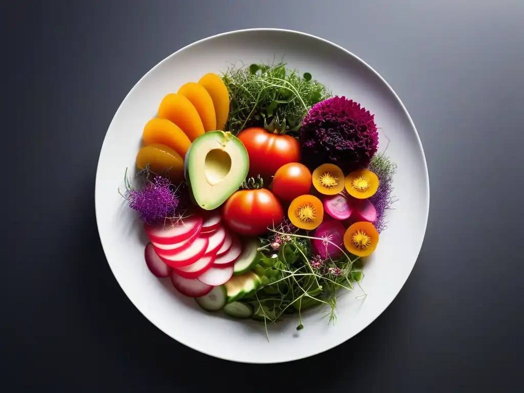 Una ensalada vegana con ingredientes innovadores en un plato blanco moderno