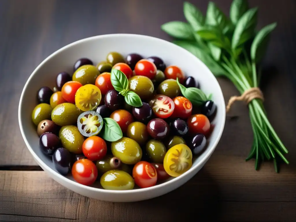 Ensalada vegana mediterránea con aceitunas: una explosión de colores y sabores frescos en un tazón blanco sobre mesa de madera rústica