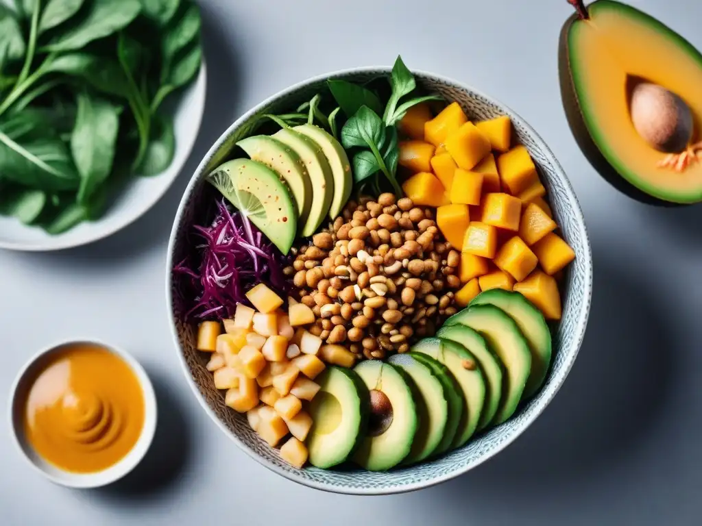 Una ensalada vegana del Sudeste Asiático, colorida y vibrante, con ingredientes frescos en un bol blanco con patrones intrincados