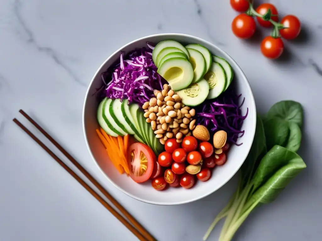 Ensalada vegana del Sudeste Asiático: fresca y vibrante, con mezcla de ingredientes coloridos en un elegante tazón blanco sobre encimera de mármol