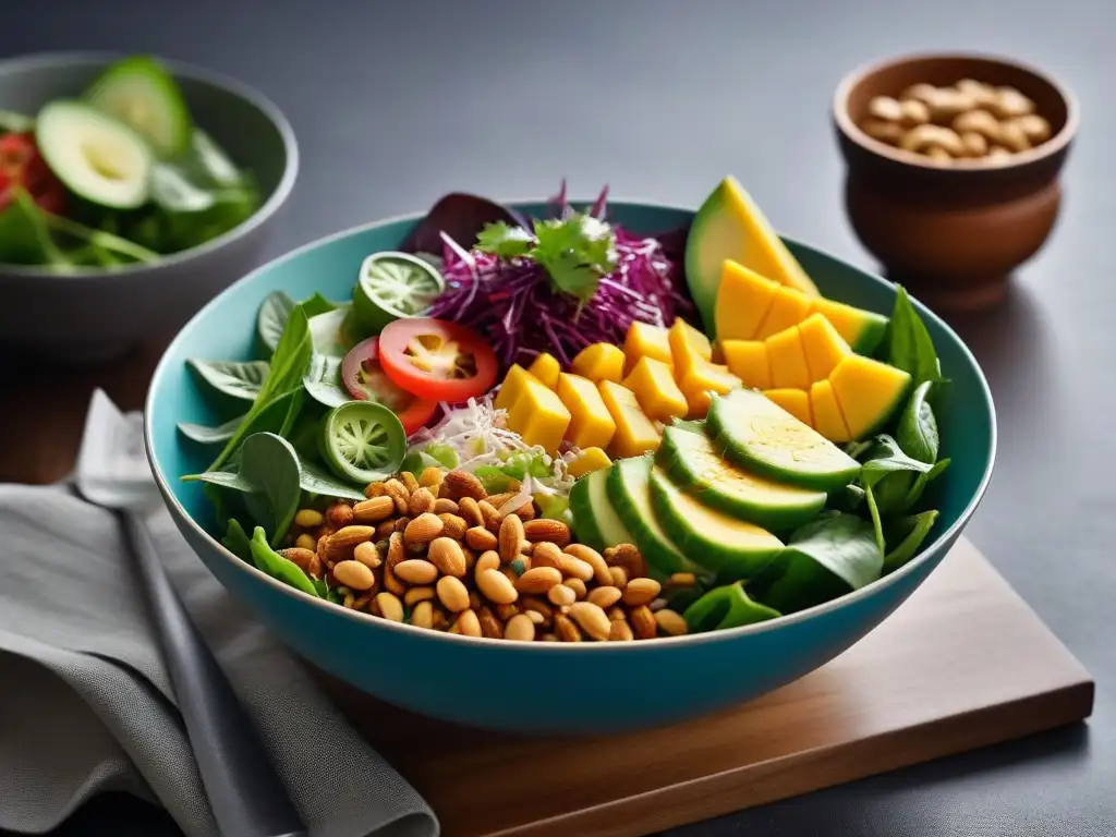 Una ensalada vegana del Sudeste Asiático llena de color y sabor, con mango, maní, vegetales encurtidos y aderezo