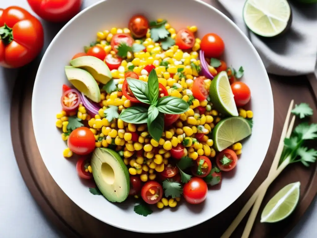 Una ensalada vegana vibrante con maíz autóctono, tomate, aguacate y pimientos, aliñada con lima y cilantro