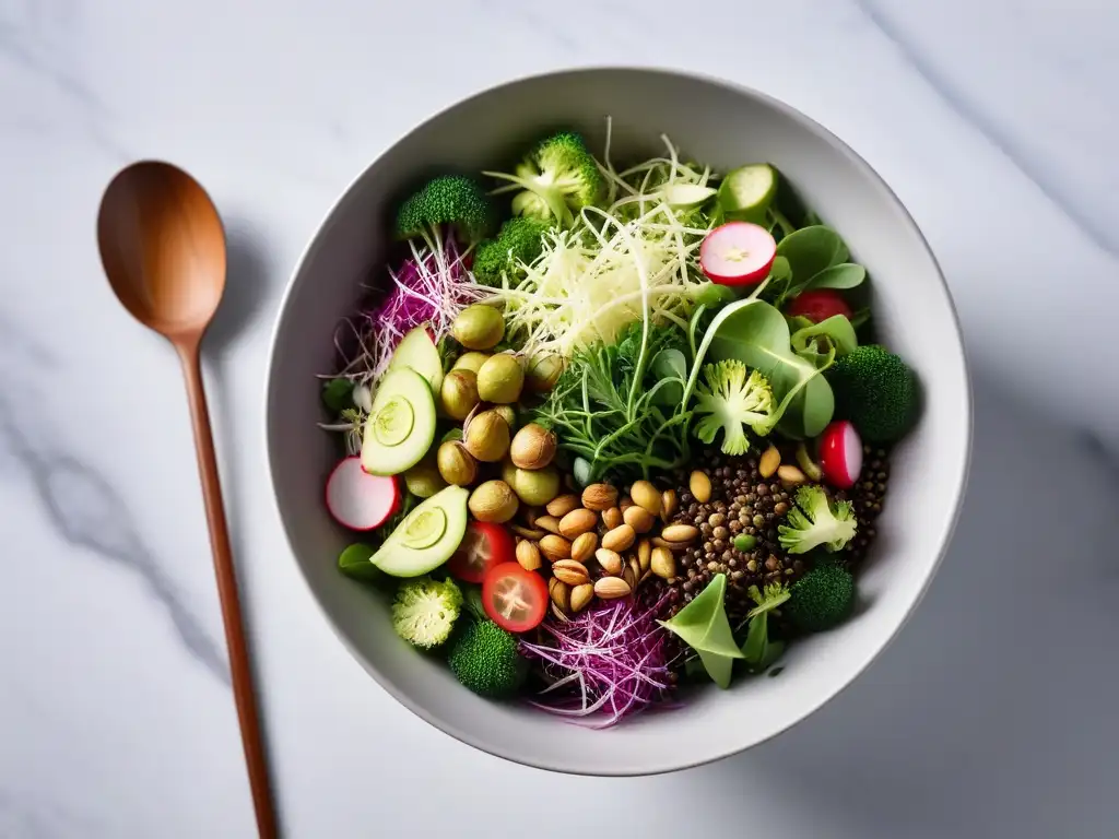 Una ensalada vegana vibrante con brotes frescos en un patrón atractivo