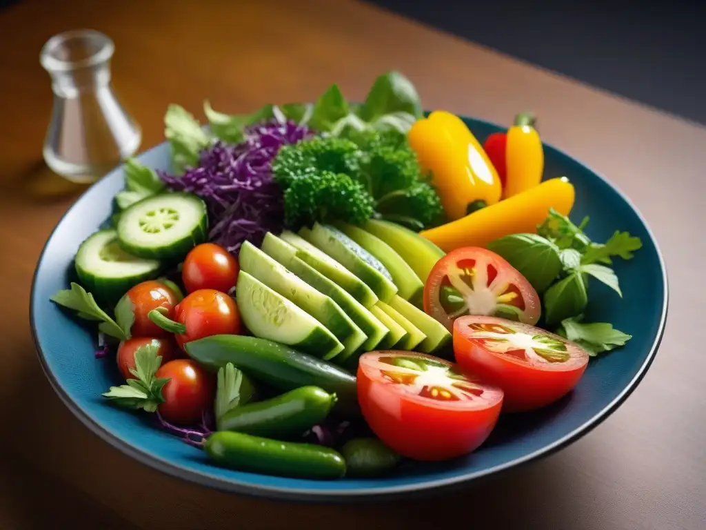 Una ensalada vegana vibrante, llena de vegetales frescos como lechuga, tomate, pepino y pimientos, con aderezo sin aceite