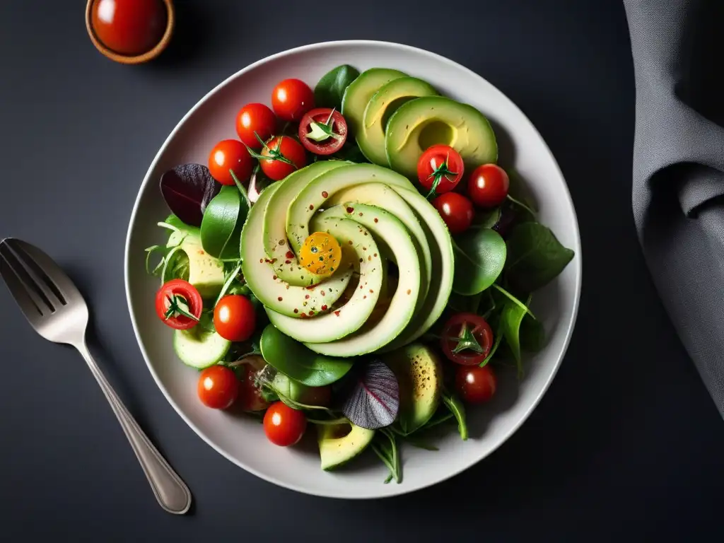 Una ensalada vegana vibrante y moderna con vinagres fermentados, destacando la frescura y colorido de los ingredientes