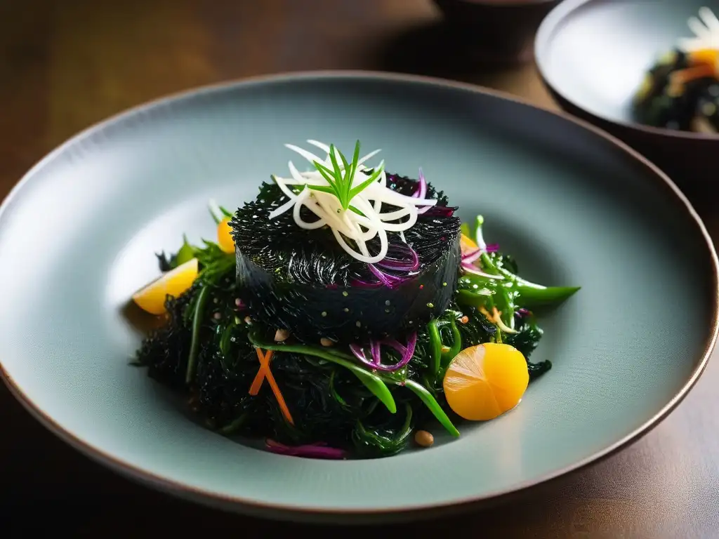 Una ensalada vibrante de algas verdes, nori, wakame y dulse, ideal para chefs veganos que buscan beneficiar la cocina con algas marinas