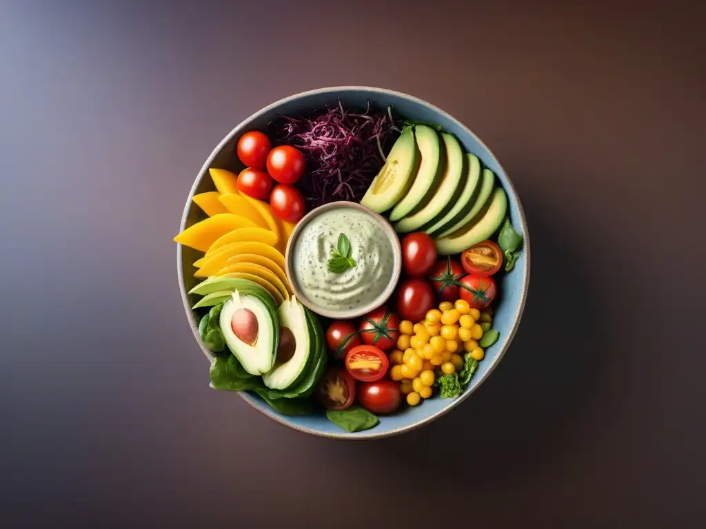 Una ensalada vibrante y colorida con aderezos veganos innovadores para ensaladas